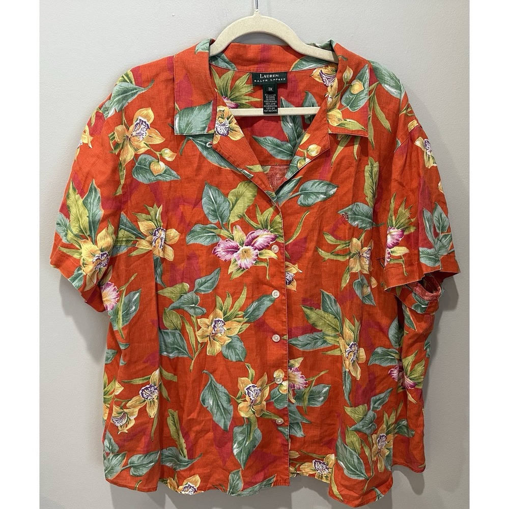Lauren Ralph Lauren Tropical Floral 100% Linen Shirt 3X Button Up Shirt Hawaiian